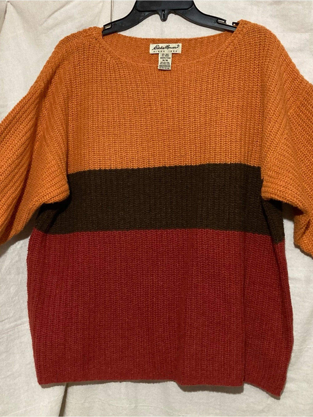 Eddie Bauer Orange, Brown & Red Colorblock Crewneck Sweater silk / Wool blend